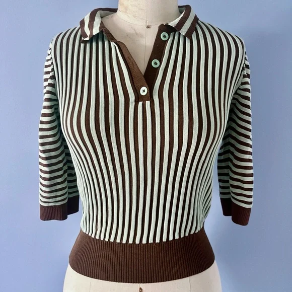Zara Brown and White Striped V-Neck Sweater - Picture 2 of 8